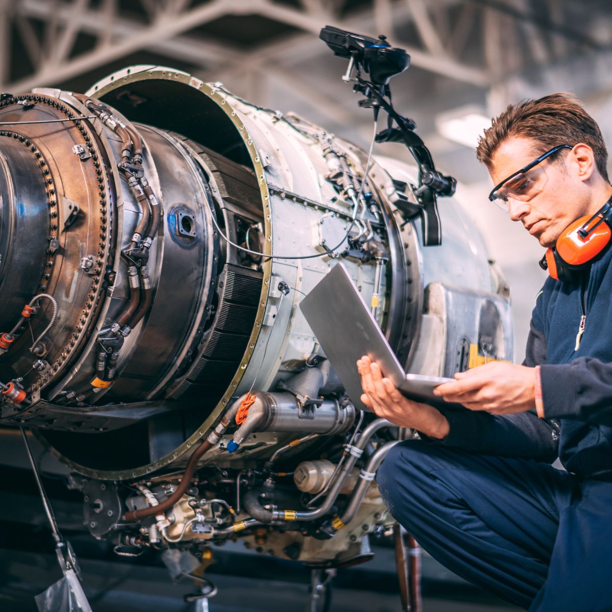 Aircraft cable security: Man works at aircraft engine