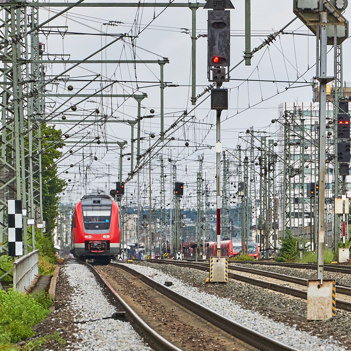 Train on tracks with power lines